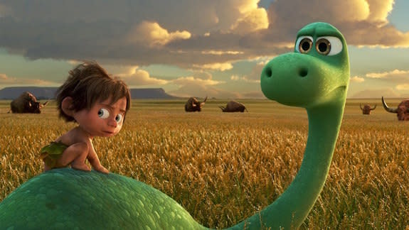 The <i>Apatosaurus</i> Arlo and cave boy Spot are fast friends, but only in a hypothetical universe.