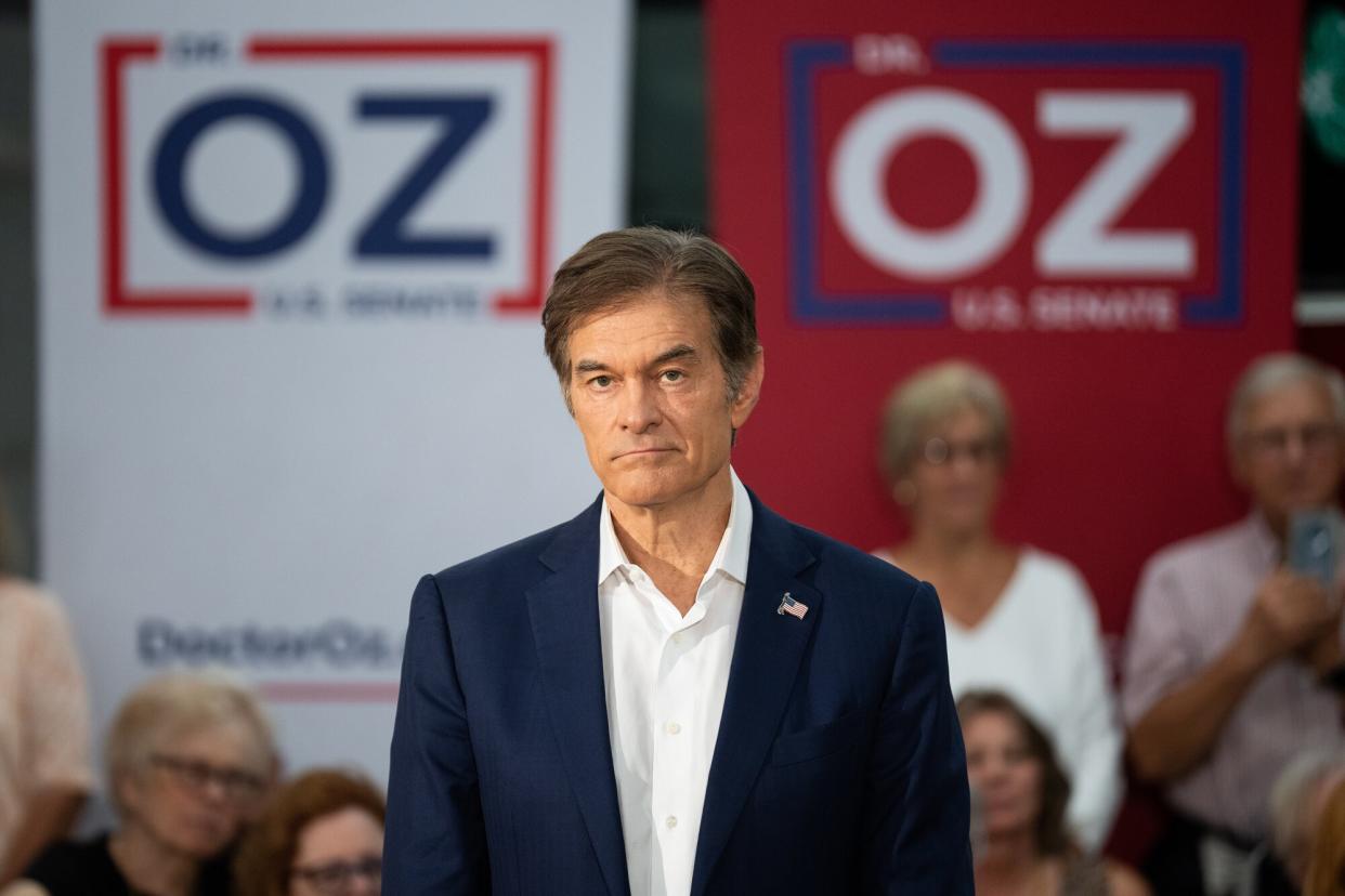 Republican U.S. Senate candidate Mehmet Oz holds a rally in the Tunkhanock Triton Hose Co fire station in Tunkhanock, Pa., on Thursday, August 18, 2022.