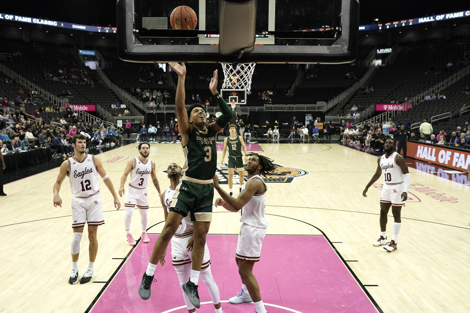 Colorado State guard Josiah Strong (3) puts up a shot during the second half of an NCAA college basketball game against Boston College Wednesday, Nov. 22, 2023, in Kansas City, Mo. Colorado State won 86-74. (AP Photo/Charlie Riedel)