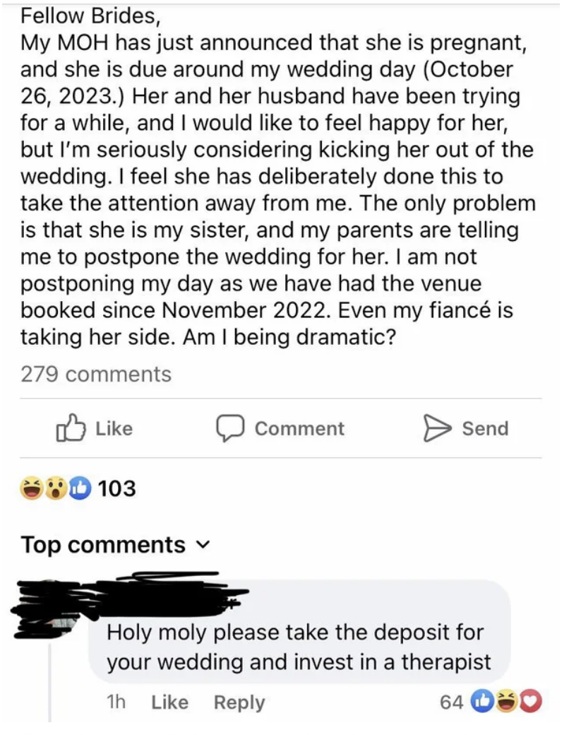 someone comments on the brides post to say to take the deposit for the wedding and instead use if for therapy