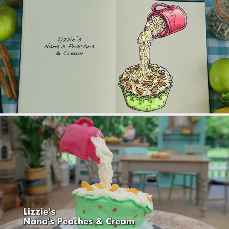 Lizzie's anti-gravity cake decorated to look like a peach pie with cream pouring from a mug side by side with its drawing