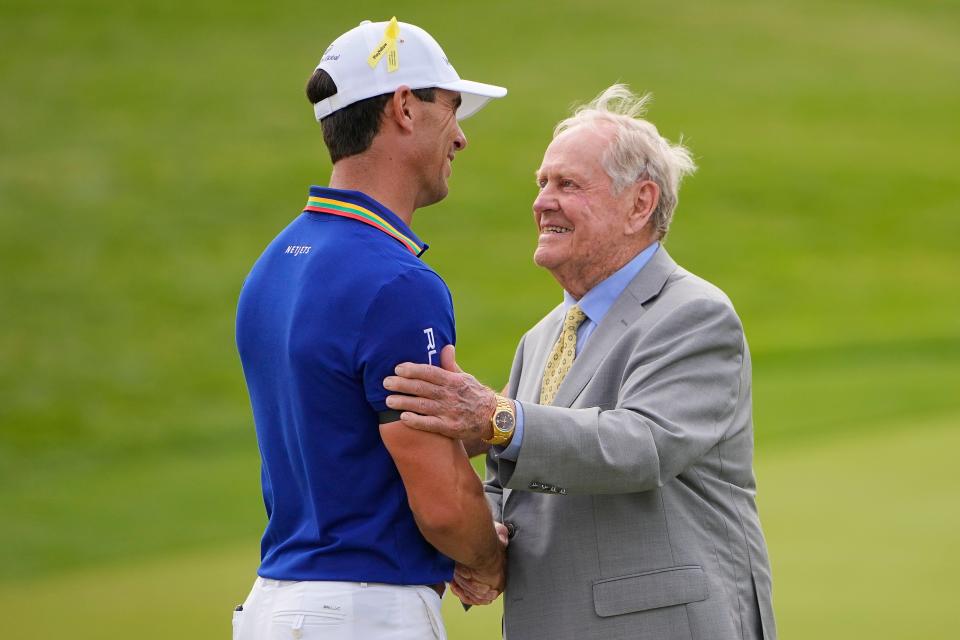 Billy Horschel gets a handshake from Jack Nicklaus following his win at the Memorial Tournament on June 5.