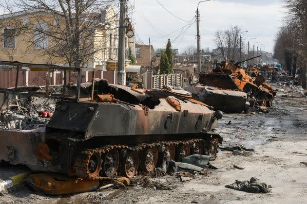 Street with destroyed Russian military machinery in the recaptured by the Ukrainian army Bucha city near Kyiv. (Photo: NurPhoto via Getty Images)