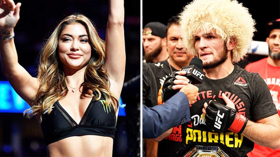 Khabib Nurmagomedov (pictured right) after his fight and (pictured left) octagon Girl Arianny Celeste.