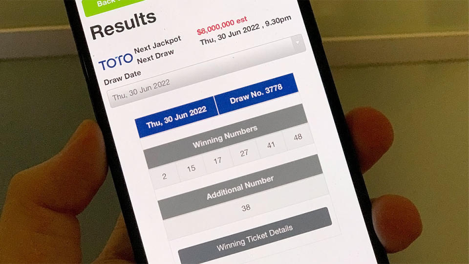 The winning numbers for the Toto draw on 30 June, 2022. (Photo: Yahoo News Singapore)
