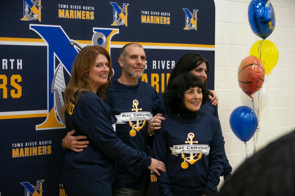 Ray Cervino’s family members Vicki Henn, Adam Cervino, Mary Cervino, and Nicole Kirk. The Toms River school district dedicates a gymnasium in Toms River High School North to legendary girls basketball head coach Ray Cervino who died a few months ago. A ceremony was held with family members, school officials, and alumni present for the dedication.     Toms River, NJThursday, January 5, 2023