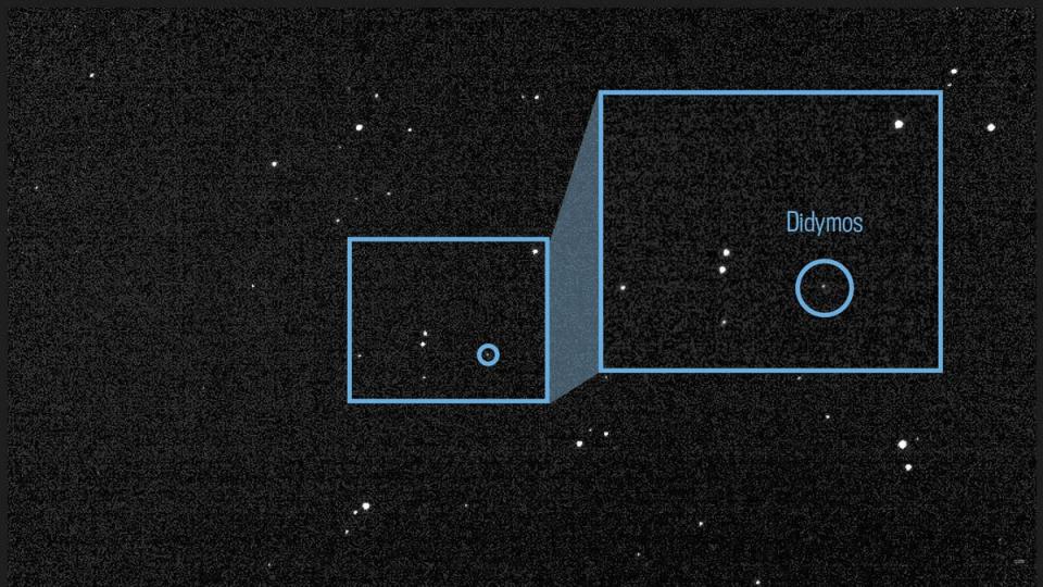 The image of asteroid Didymos and its orbiting moonlet Dimorphos taken by Draco (Nasa JPL DART Navigation Team)