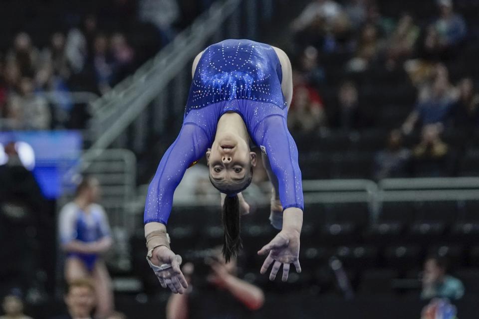 Alba Petisco of Spain performs on the floor during the America Cup gymnastics competition Saturday, March 7, 2020, in Milwaukee. (AP Photo/Morry Gash)