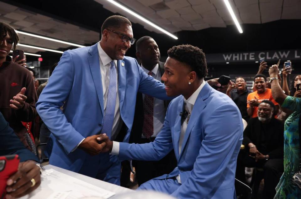 GG Jackson is congratulated by his father, Gregory, after being drafted by the Memphis Grizzlies.