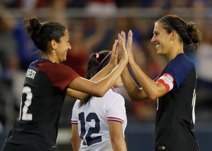 Christen Press (L) of the United States is congratulated by Carli Lloyd (R) after scoring during the game against Costa Rica. (Getty)