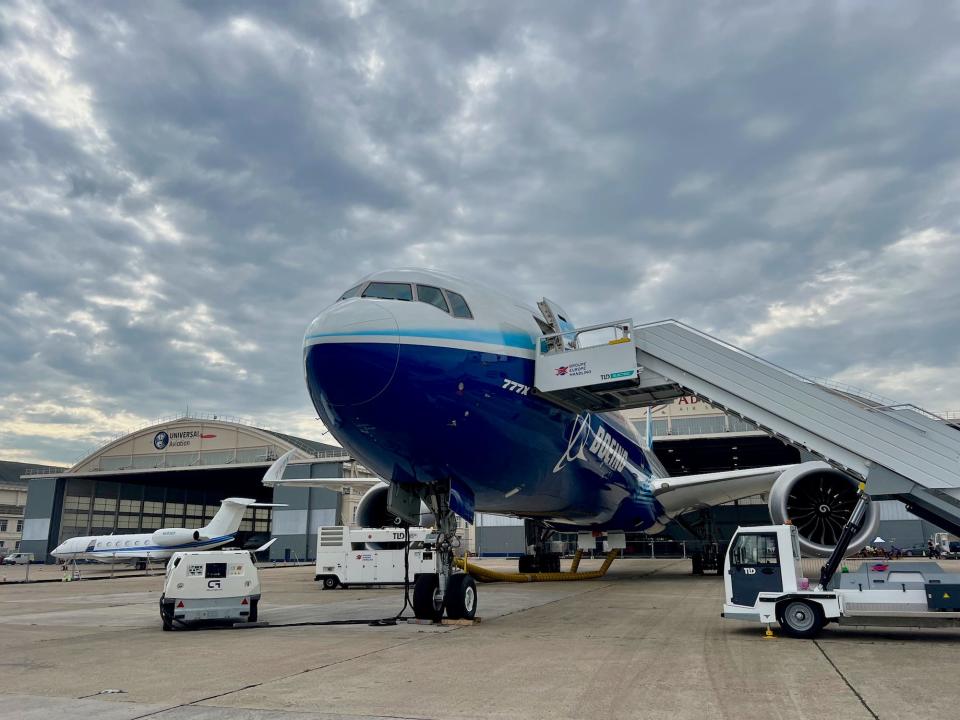 Boeing 777X airplane on display.