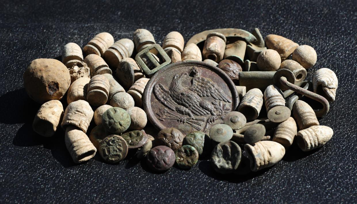 Kentucky Dirt Digger Zeb Hargis found these Civil War era relics on previous digs in counties surrounding Henderson, Ky.on Oct. 23, 2023. They include bullets, coat buttons, kepi hat pins, j-hooks, etc. The business has generated a growing social media following.