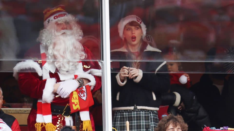 Taylor Swift looks on during a game between the Las Vegas Raiders and the Kansas City Chiefs on Christmas Day 2023 in Kansas City, Missouri. - Jamie Squire/Getty Images