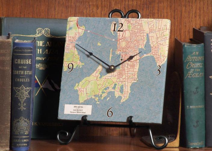A clock with a customized map from ScreenCraft Gifts in Lincoln.