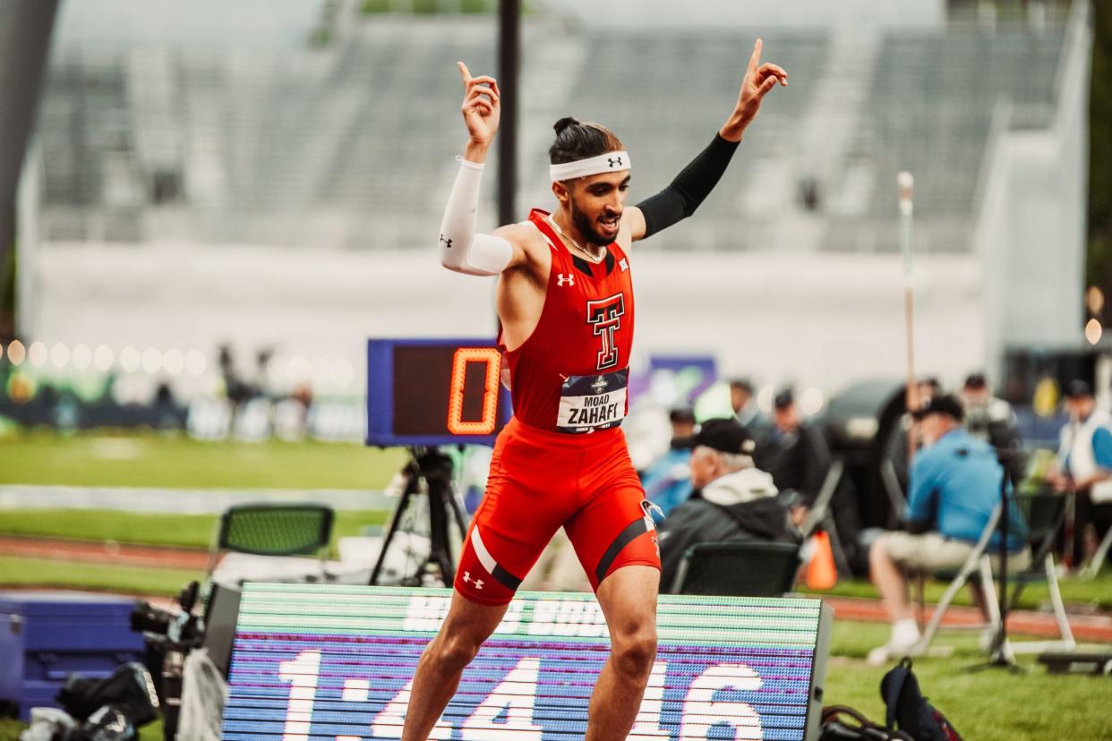 Texas Tech middle-distance runner Moad Zahafi wins the 800 meters during Friday's competition of the NCAA outdoor track and field championships in Eugene, Oregon. Zahafi ran a time of 1 minute, 44.49 seconds.