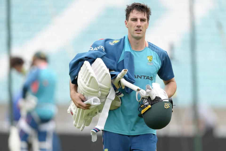 Australia's captain Pat Cummins during a training session at The Oval cricket ground in London, Monday, June 5, 2023. Australia will play India in the World Test Championship 2023 Final at The Oval starting June 7. (AP Photo/Kirsty Wigglesworth)
