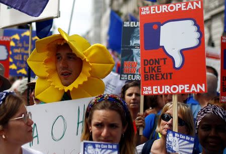 EU supporters, calling on the government to give Britons a vote on the final Brexit deal, participate in the 'People's Vote' march in central London, Britain June 23, 2018. REUTERS/Henry Nicholls