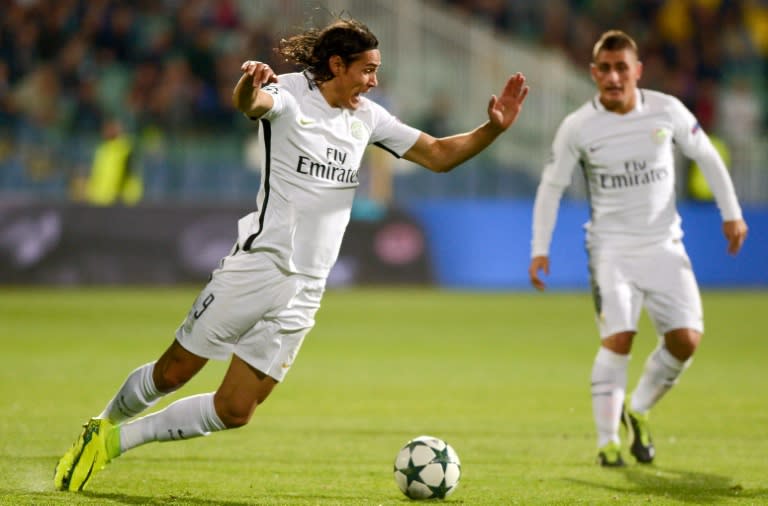 Paris Saint-Germain's forward Edinson Cavani falls during the UEFA Champions League Group A football match between Ludogorets Razgrad and Paris Saint-Germain at Vasil Levski National Stadium on September 28, 2016