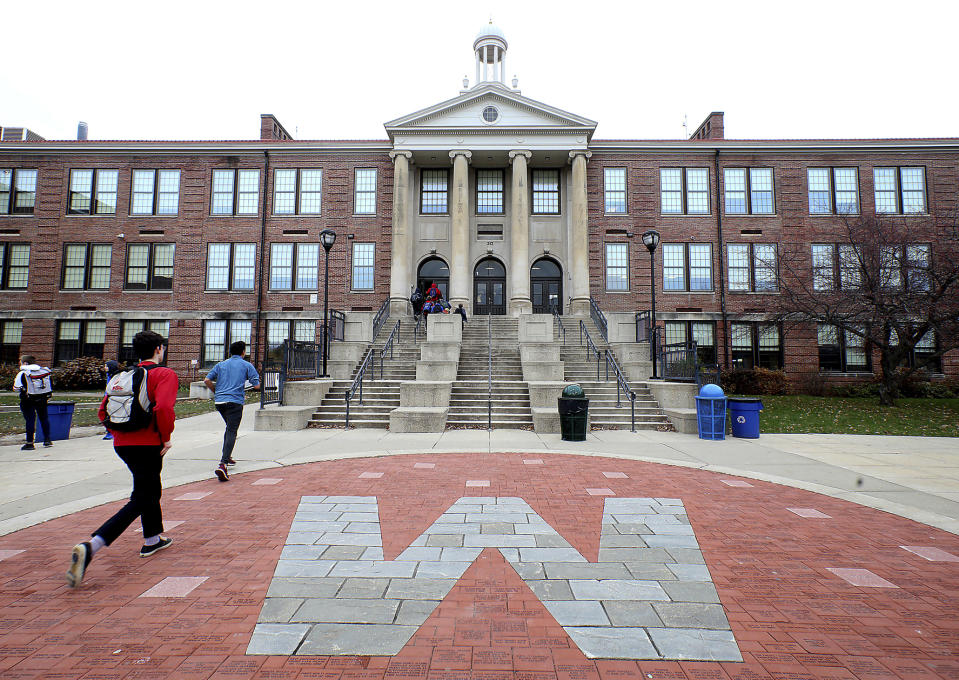 FILE - This Nov. 12, 2018, file photo shows West High School in Madison, Wis., where Marlon Anderson was working as a security guard. A Wisconsin school district is rehiring Anderson after he was fired last week for repeating a racial slur while telling a student not to use it, a union official said Monday, Oct. 21, 2019. (John Hart/Wisconsin State Journal via AP, File)