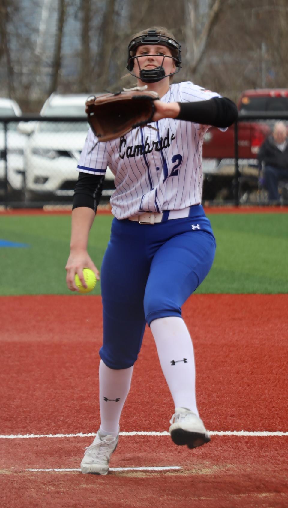 Cambridge senior Abby Mann (12) pitches the ball during the Warriors versus Bobcats softball game Saturday at Buckeye Trail High School. Mann had dominated from the pitching circle during the Lady Bobcats' 8-1 start to the season. Mann has complied a perfect 7-0 record with a 2.33 ERA and a whopping 90 striekouts,