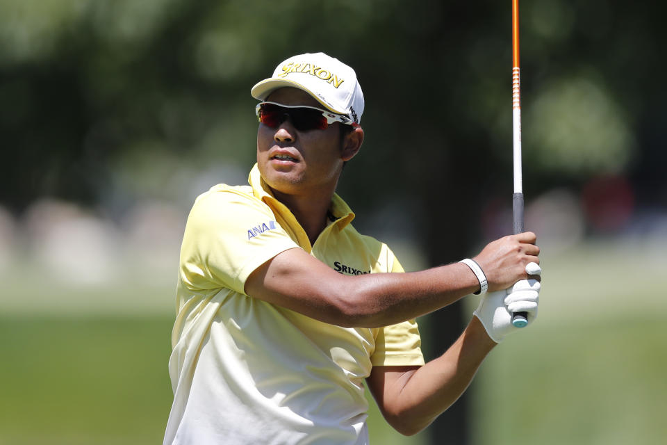 Hideki Matsuyama, of Japan, drives on the second tee during the final round of the Rocket Mortgage Classic golf tournament, Sunday, July 5, 2020, at Detroit Golf Club in Detroit. (AP Photo/Carlos Osorio)