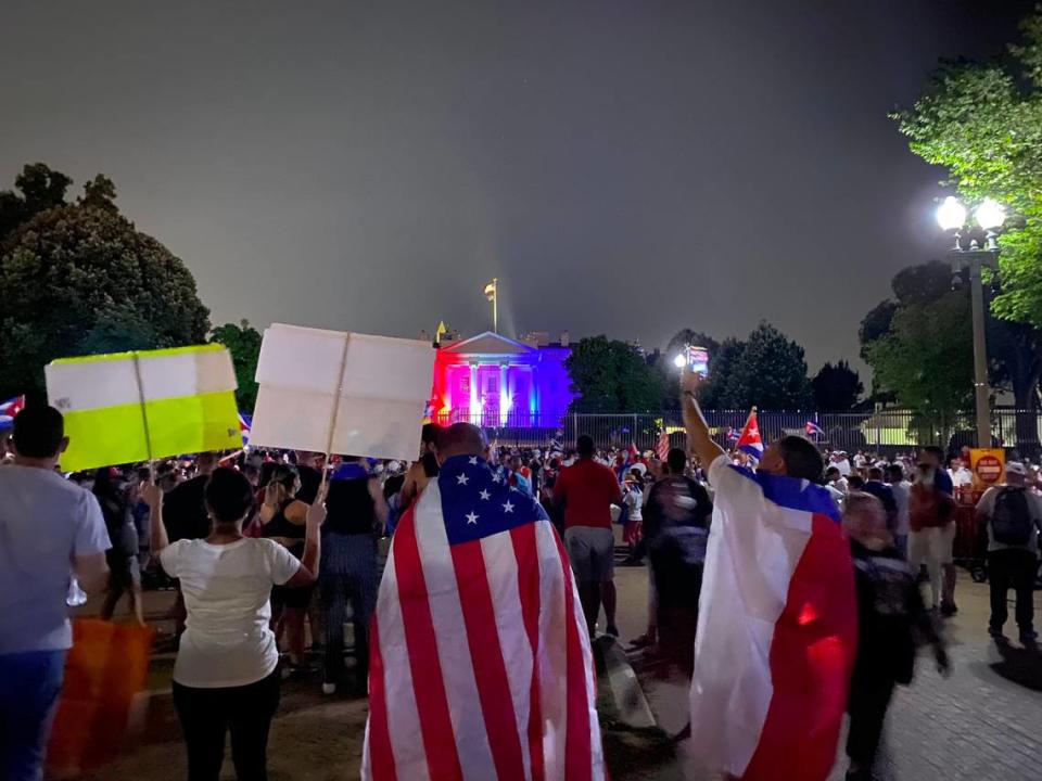 Thousands of protesters gather outside the White House to mark the 26th of July national holiday in Cuba. The protesters were calling on President Joe Biden to increase pressure on Cuba after historic pro-democracy protests on the island.