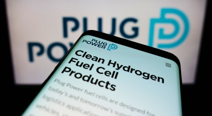 Mobile phone with webpage of American hydrogen fuel cell company Plug Power Inc (PLUG) on screen in front of logo Focus on top-left of phone display. hydrogen stocks