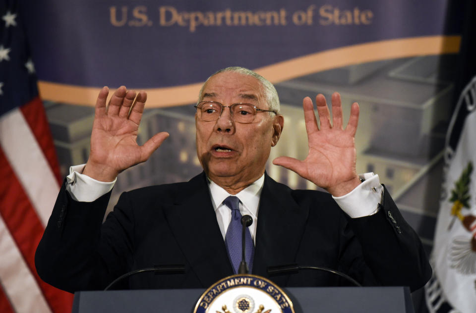 Former Secretary of State Colin Powell speaks at a reception celebrating the completion of the U.S. Diplomacy Center Pavilion at the State Department in Washington, Tuesday, Jan. 10, 2017. (AP Photo/Sait Serkan Gurbuz)