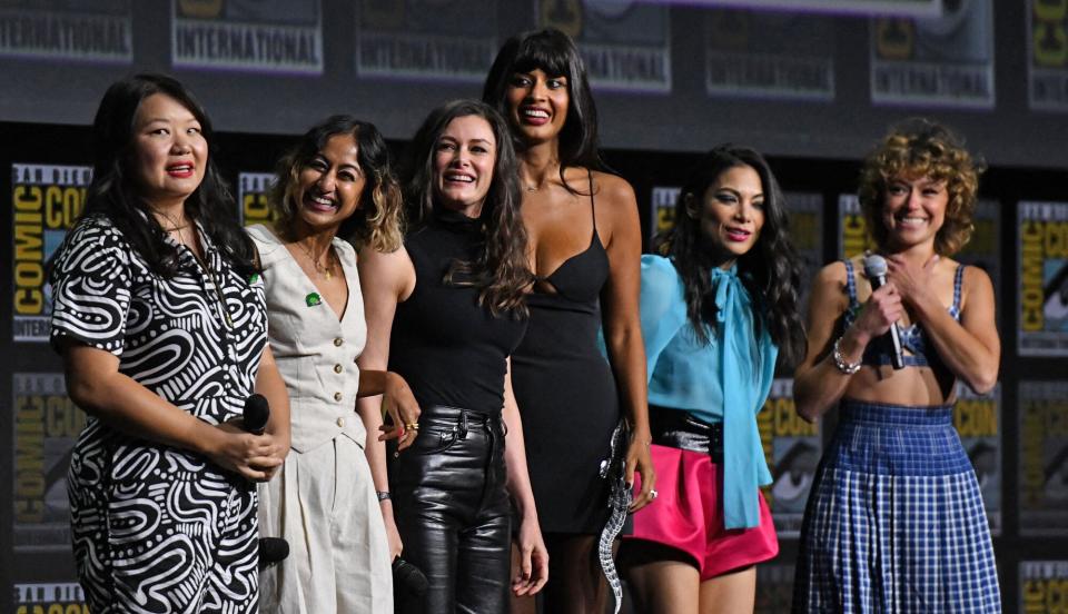 Writer Jessica Gao, actresses Renee Elise Goldsberry, Kat Coiro, Jameela Jamil, Ginger Gonzaga and Tatiana Maslany present &quot;She-Hulk: Attorney at Law&quot; at the Marvel panel in Hall H of the convention center during Comic-Con International in San Diego, California, July 23, 2022.