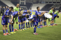 Japan's players celebrate after U-23 Asian Cup semi-final match between Iraq and Japan in Doha, Qatar, on Monday, April 29, 2024. (AP Photo/Hussein Sayed)