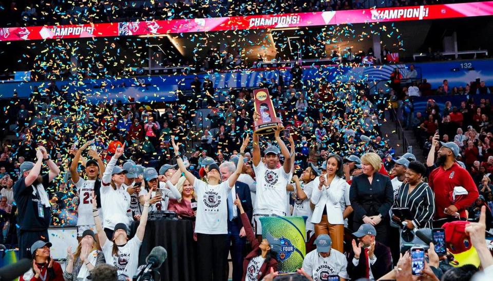The South Carolina Gamecocks celebrate winning the national championship April 3 at the Target Center in Minneapolis with the win over UConn.