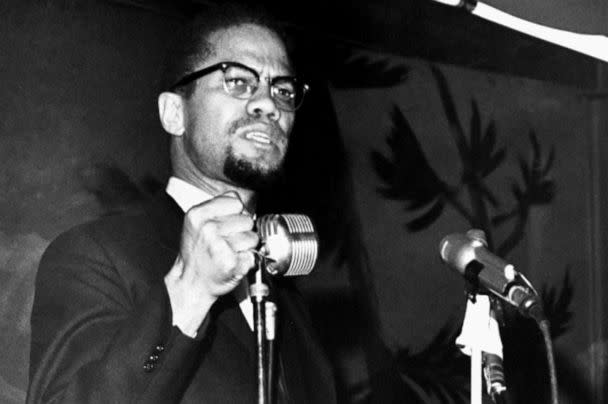 PHOTO: Malcolm X speaks at the Audubon Ballroom in Harlem on Feb. 15, 1965, six days before he was shot to death in the same ballroom. (NY Daily News via Getty Images)