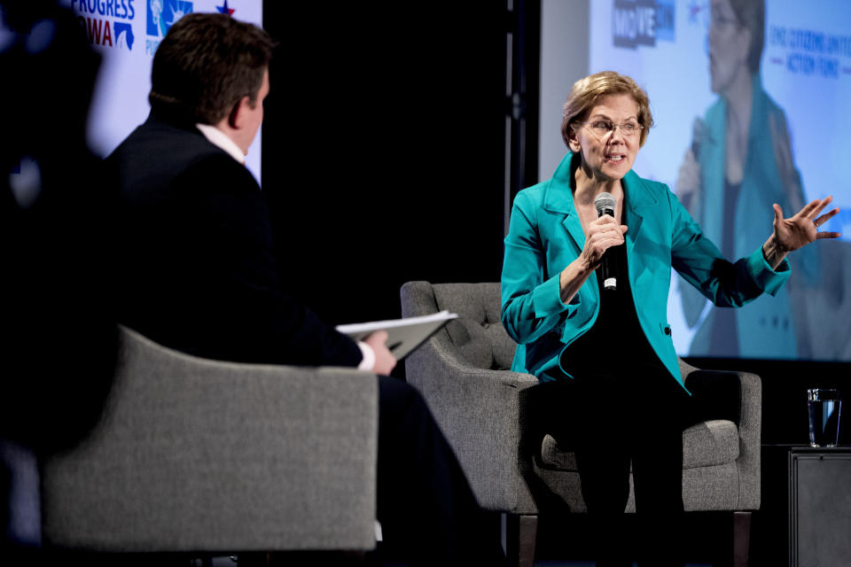 Democratic presidential candidate Sen. Elizabeth Warren, D-Mass., speaks at We The People 2020: Protecting Our Democracy After Citizens United at Curate, Sunday, Jan. 19, 2020, in Des Moines, Iowa. (AP Photo/Andrew Harnik)