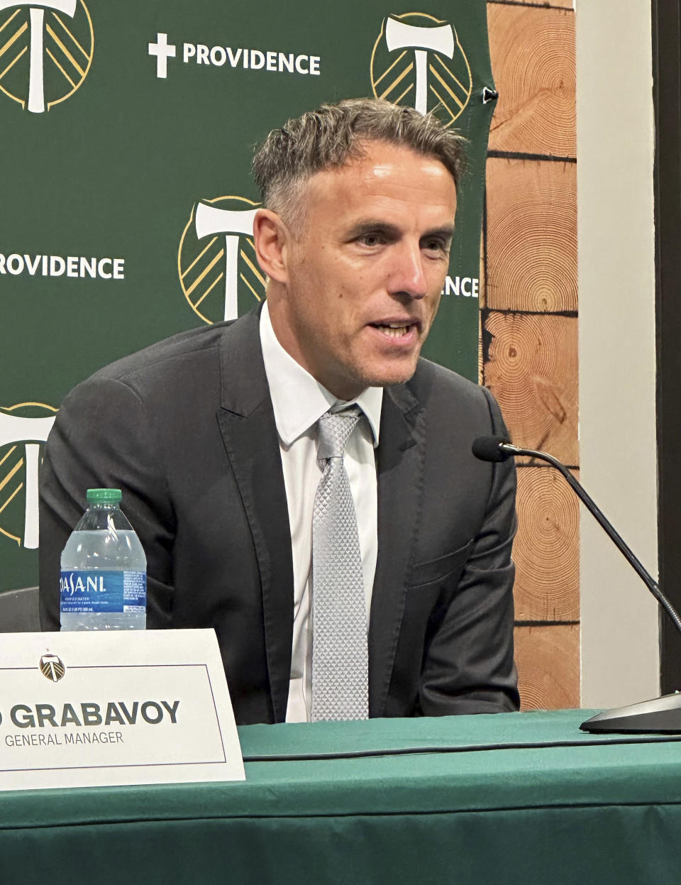 Phil Neville speaks at a news conference introducing him as new head coach of Major League Soccer’s Portland Timbers, Tuesday, Nov. 7, 2023, in Portland, Ore. (AP Photo/Anne Peterson)