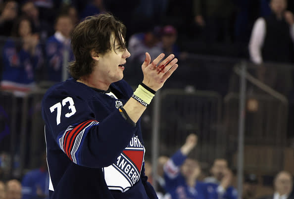 NEW YORK, NEW YORK – APRIL 03: Matt Rempe #73 of the New York Rangers leaves the ice following a first period fight against Kurtis MacDermid #23 of the New Jersey Devils at Madison Square Garden on April 03, 2024 in New York City. (Photo by Bruce Bennett/Getty Images)