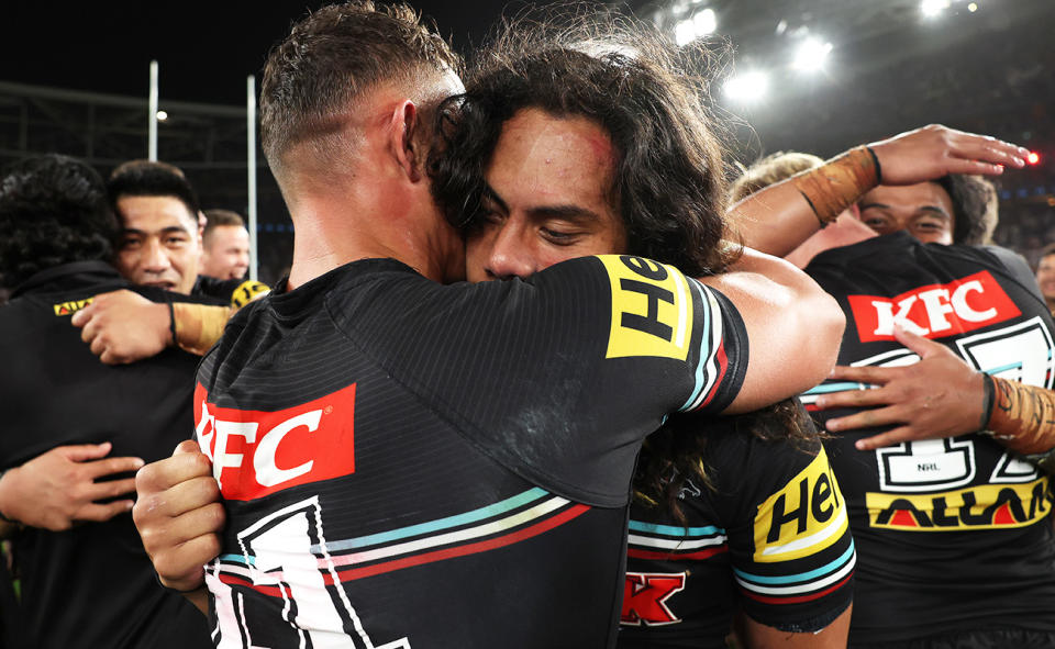 Jarome Luai, pictured here after the Panthers came back to win the NRL grand final.