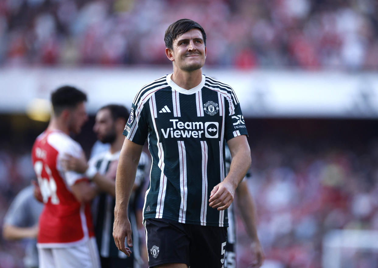 Manchester United's Harry Maguire looks dejected after their English Premier League defeat by Arsenal. 