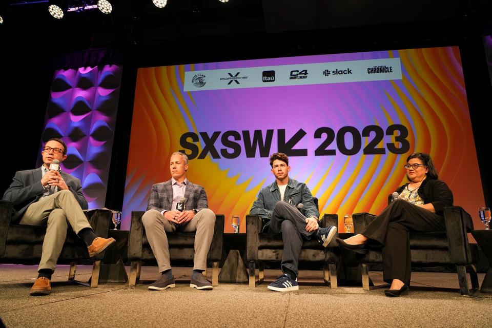 From left, Blanchard Valley Diabetes Center's Thomas Grace, Dexcom's Jake Leach, Nick Jonas and Mireya Martínez share thoughts during the featured session "Crushing: The Burden of Diabetes on Patients" at SXSW on Monday.