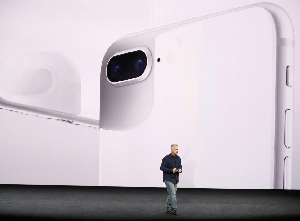 Apple’s Schiller introduces the iPhone 8 during a launch event in Cupertino