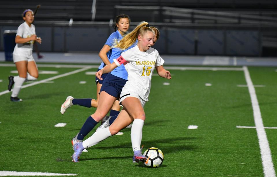 Moorpark High's Savannah Hutchins controls possession during the Musketeers' 2-0 victory over Camarillo in a Coastal Canyon League match on Monday.