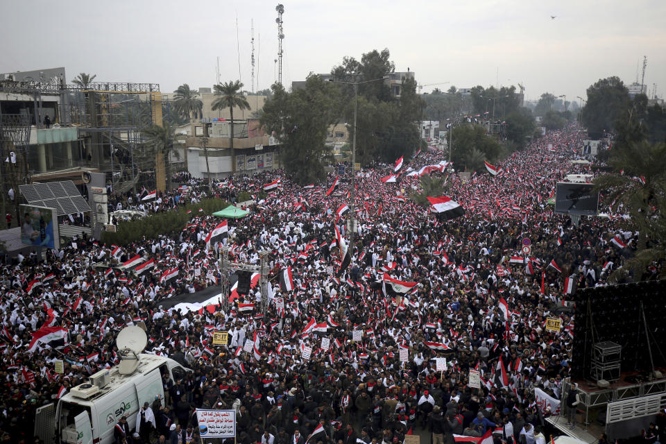 Followers of Shiite cleric Muqtada al-Sadr gather in Baghdad, Iraq, Friday, Jan. 24, 2020. Thousands of supporters of an influential, radical Shiite cleric gathered Friday in central Baghdad for a rally to demand that American troops leave the country amid heightened anti-US sentiment after a drone strike ordered by Washington earlier this month killed a top Iranian general in the Iraqi capital. (AP Photo)