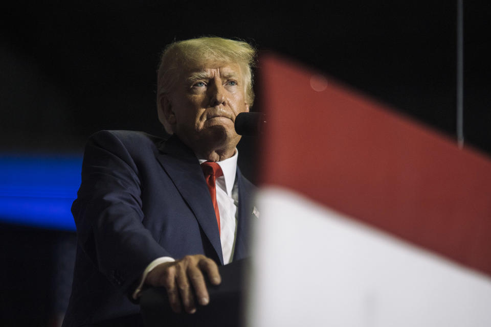 Former US President Donald Trump spoke at the Covelli Centre in Youngstown, Ohio on September 17, 2022.  / Credit: YOUNGSTOWN, OH - SEPTEMBER 17: Former US President Donald Trump spoke at the Covelli Centre in Youngstown, Ohio on September 17, 2022. He held a rally in support of Ohio Senate candidate JD Vance, a Republican, who is running against US Representative Tim