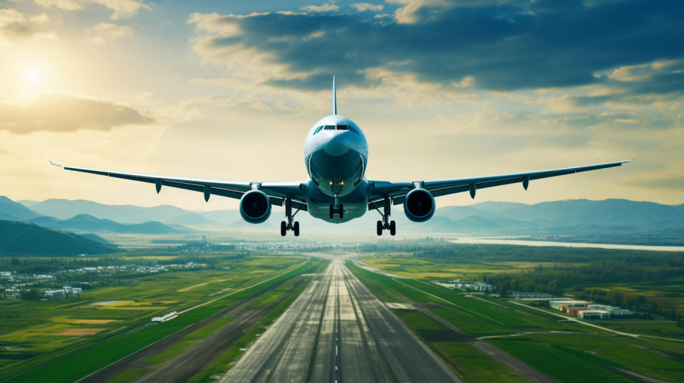 A bird's eye view of a large commercial jetliner taking off from an airport runway.