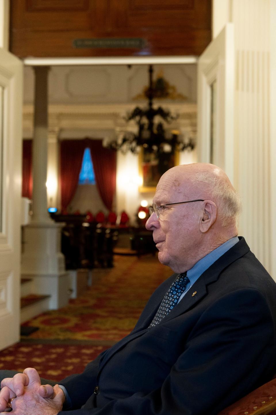 U.S. Sen. Patrick Leahy answers questions during an interview with the Burlington Free Press after officiating at the United States Service Academy Nominee Ceremony in the Cedar Creek Room at the Vermont State House in Montpelier, Vermont, on Saturday, December 10, 2022. Leahy, U.S. Sen. Bernie Sanders, and U.S. Rep. Peter Welch posed for portraits with the nine Vermonters who are being nominated to United States Service Academies to be members of the Class of 2027.  This was Sen. Leahy's last official act as senator in Vermont.