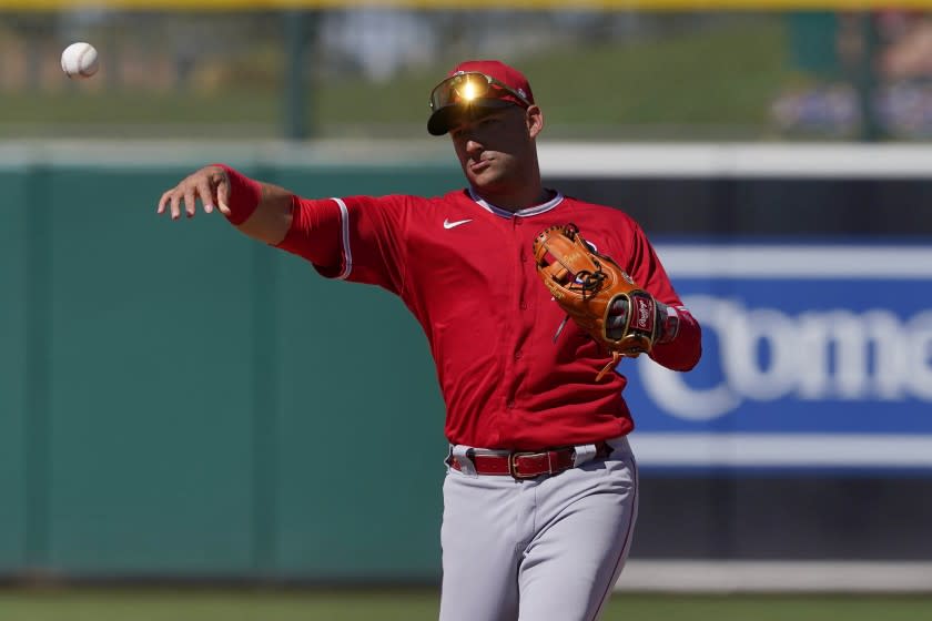 Los Angeles Angels shortstop Jose Iglesias during a spring training baseball game against the Oakland Athletics, Friday, March 5, 2021, in Mesa, Ariz. (AP Photo/Matt York)