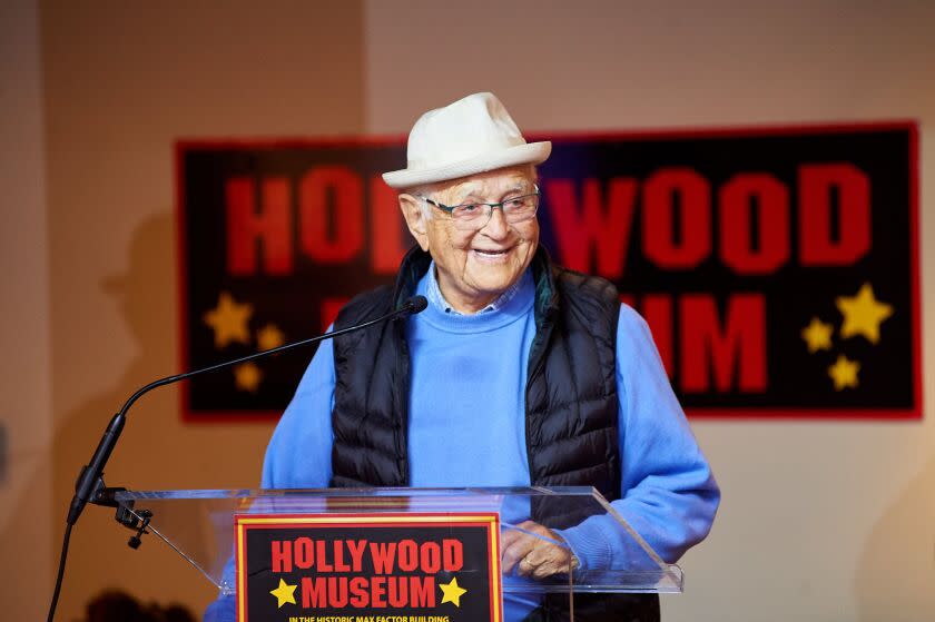 HOLLYWOOD, CALIFORNIA - JUNE 09: Norman Lear introduces Geri Jewell and &quot;The Mitch O'Farrell Leadership Award&quot; at the &quot;Real To Reel: Portrayals And Perceptions Of LGBTQs In Hollywood&quot; Exhibit at The Hollywood Museum on June 09, 2022 in Hollywood, California. (Photo by Unique Nicole/Getty Images)