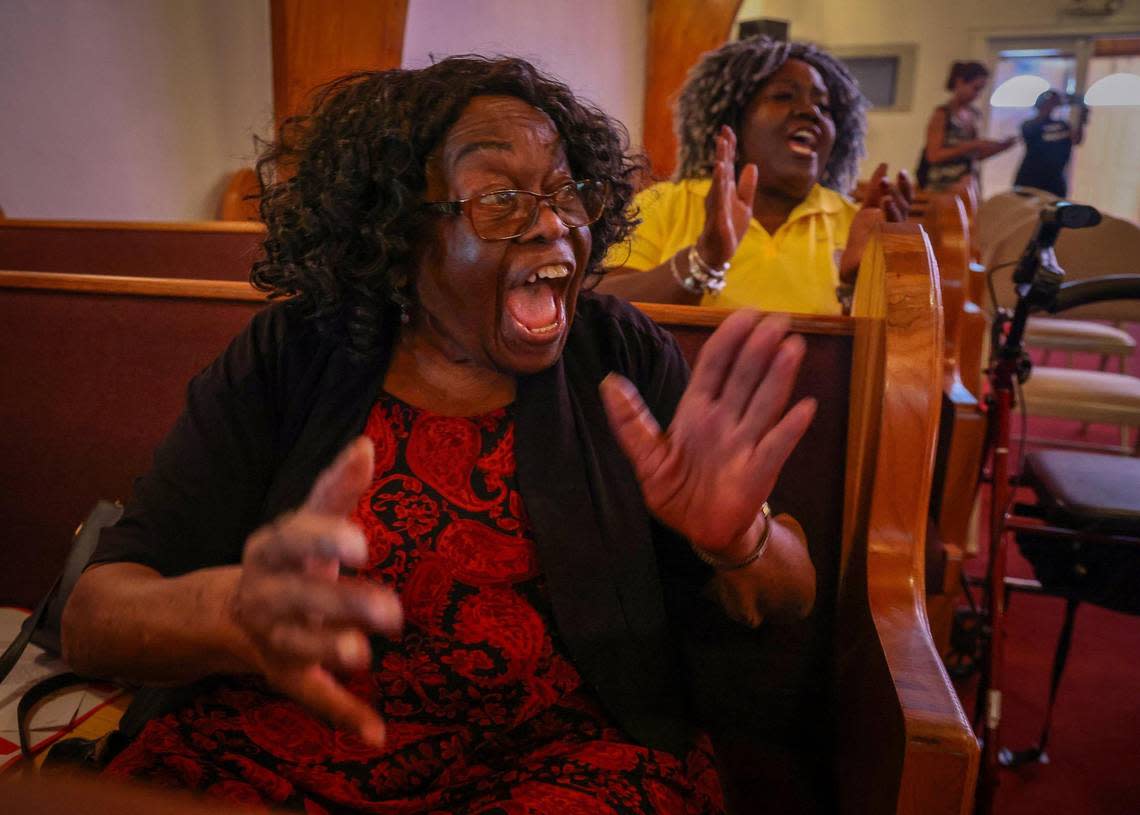 Political activist Joyce Price, chairperson Miami-Dade Community Action Agency Board, sings the spiritual battle cry during the commencement of a voting event at Mt. Olive Missionary Baptist Church where national and local activists gathered to confront the anti-woke agenda by Florida governor and presidential candidate, Ron DeSantis on Thursday, June 22, 2023.