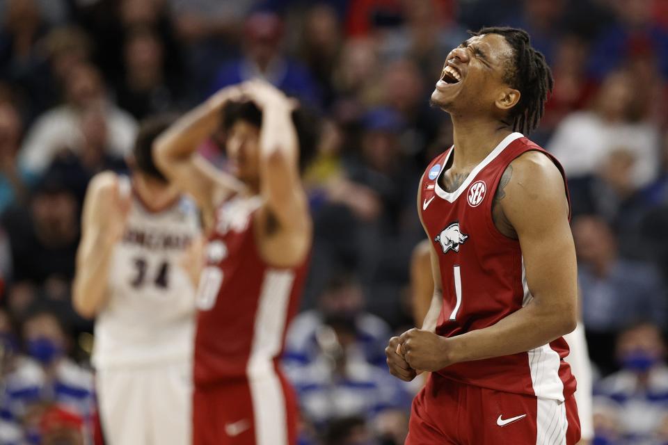 SAN FRANCISCO, CALIFORNIA - MARCH 24: JD Notae #1 of the Arkansas Razorbacks reacts against the Gonzaga Bulldogs during the second half in the Sweet Sixteen round game of the 2022 NCAA Men's Basketball Tournament at Chase Center on March 24, 2022 in San Francisco, California. (Photo by Steph Chambers/Getty Images)