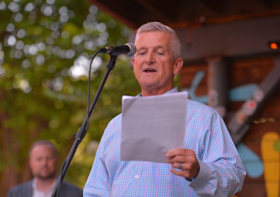 Candidates running for the upcoming state and local primary election speak during the Stump the Yard event held at FR8yard in downtown Spartanburg, Monday evening, June 6, 2022. Jack A. Mabry, Spartanburg County Council - District 2, speaks during the event.