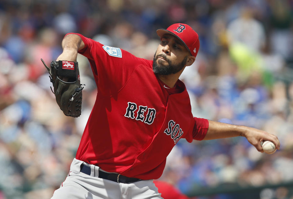 Boston Red Sox pitcher David Price pitches in the first inning of a spring training baseball game against the Chicago Cubs Tuesday, March 26, 2019, in Mesa, Ariz. (AP Photo/Sue Ogrocki)